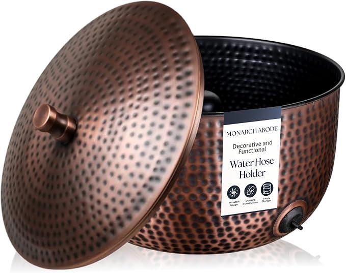 Monarch Abode Garden Hose Holder with Lid – Decorative Water Hose Holders for Outside, Hand Hammered Metal Antique Copper Pot with Drainage, 100ft Waterhose Holder for Outside, Garden Storage Caddy