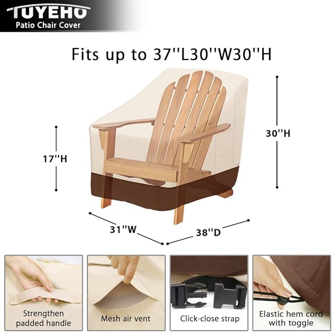 Tuyeho Patio Chair Cover 38 x 31 x 30 inch, 900D Heavy Duty Outdoor Adirondack Chair Cover, Waterproof & Weather Resistant for Your Patio Lounge Deep Seat Chair (Beige & Brown)