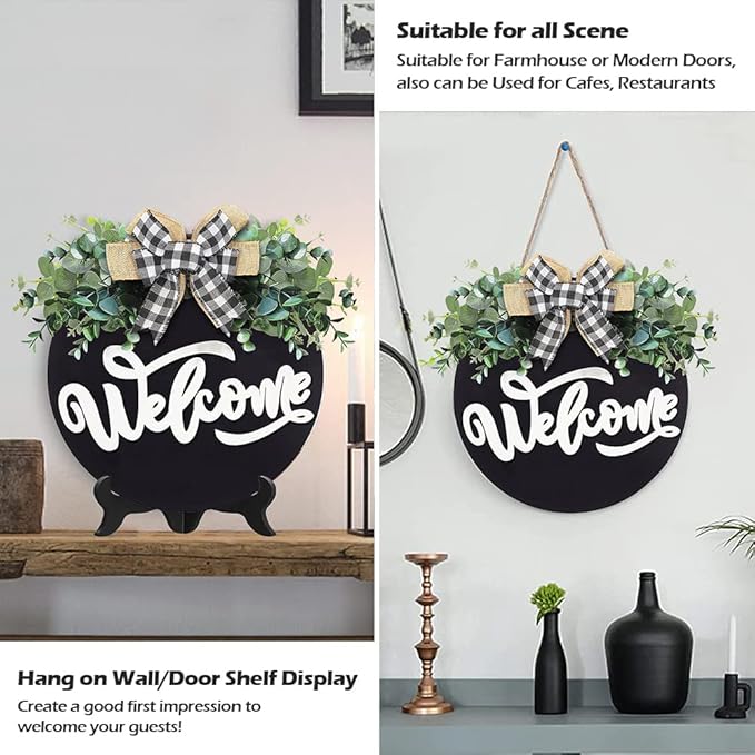 Welcome Sign for Front Door, Front Door Decor for Farmhouse Porch, Rustic Welcome Wreaths with Stapled Greenery, Round Wooden Hanging Sign Housewarming Gift for Home Outdoor Indoor (Black)…