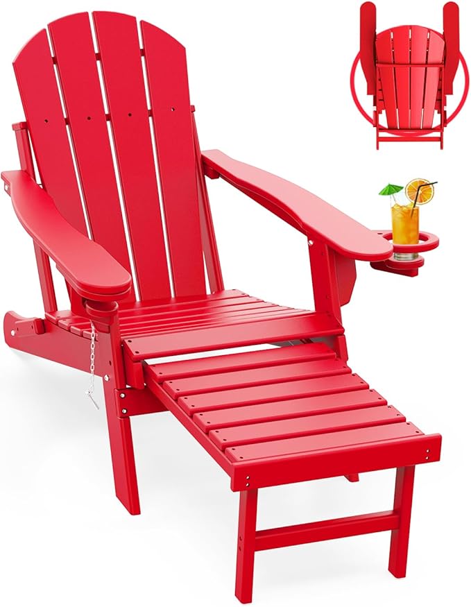 GREENVINES Adirondack-Chairs-with-Ottoman | Folding | Retractable-Footrest | HDPE Plastic | All Weather Fire Pit Chair | Cup Holders | Red | for Outdoor Poolside
