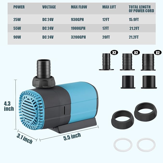 LYPHARD AQUARIUMS 1900GPH Submersible Water Pump 55W with Controller DC 24V, Adjustable High Lift 17FT Pond Pump for Fountain, Aquarium, Fish Tank, Hydroponics, Waterfall