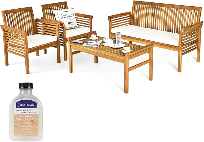 Tangkula 5 Piece Outdoor Acacia Wood Sofa Set with Wood Oil, Padded Patio Conversation Table Chair Set w/Coffee Table for Garden, Backyard, Poolside (Natural,2)
