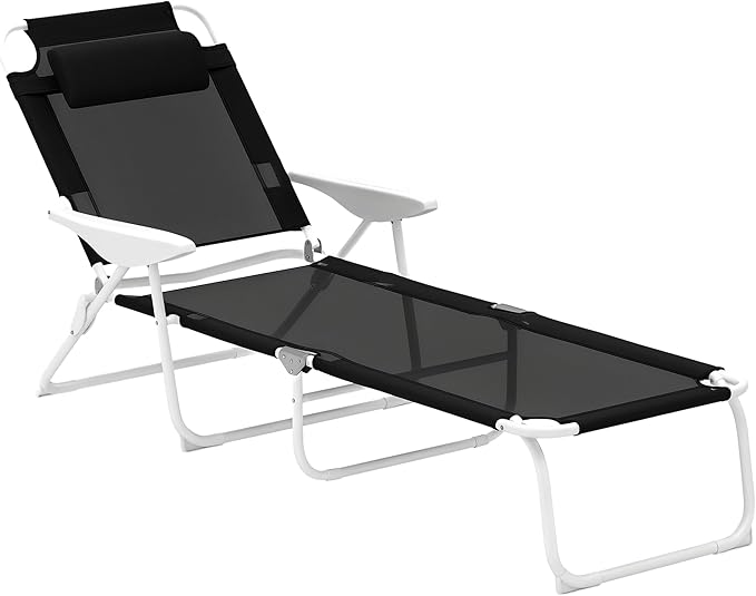 Outsunny Folding Lounge Chair, Portable Outdoor Chaise Lounge, Sun Tanning Chair with 4-Position Reclining Back, Armrests, Metal Frame and Mesh Fabric for Beach, Yard, Patio, Black