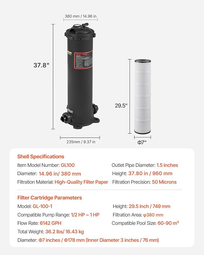 VEVOR 2025 Pro Pool Cartridge Filter System 100 Sq.Ft, Pool Filter for Inground & Above Ground Pools, Compatible W/Pumps 1/2HP~1HP | Up to 6142 GPH Max Flow, Pool Filters for Pools Up to 23775 Gallons