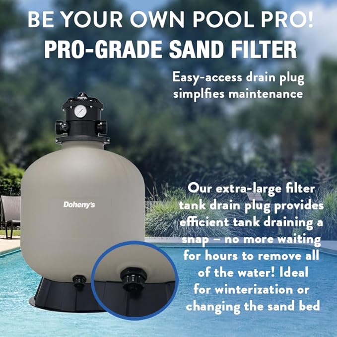 Doheny's Pool Pro Sand Filter System | 24" with 1.5 HP Pump | High-Flow, Large Filter Area | Durable Polymeric Tank with 6-Position Valve | Includes Pump, Base & Hose Kit |ideal For Above-Ground Pools