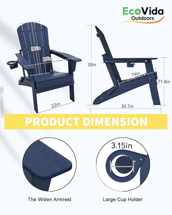 Upgraded Folding Adirondack Chair with All-Weather Cup Holder-EcoVida, Premium Wood Grain Texture, HDPE Waterproof, Suitable for Fire Pit, Patio, Porch, Navy