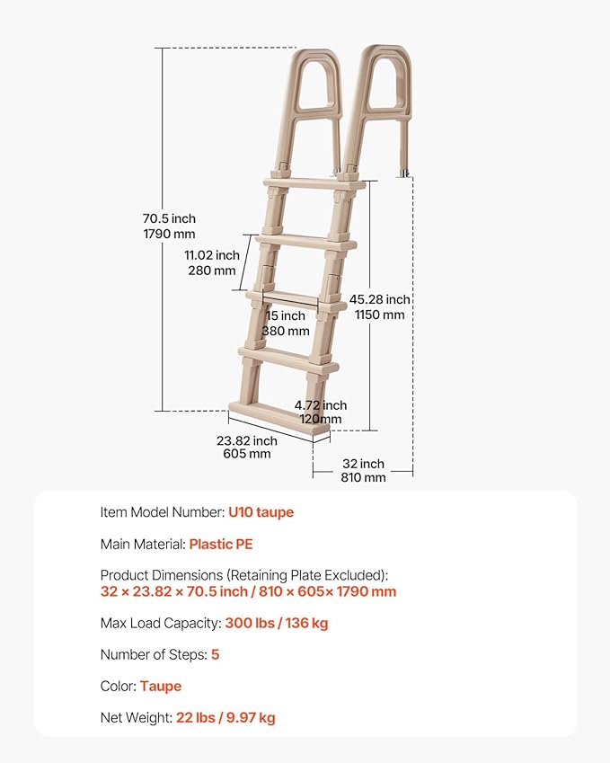 VEVOR Swimming Pool Ladder, Inclined 5-Step Double Handrails Stair, Non-slip Heavy Duty Step, Load Capacity 300 lb, for 48-54" Inground & Above-ground Pools of Any Deck Surface Indoor & Outdoor, Taupe