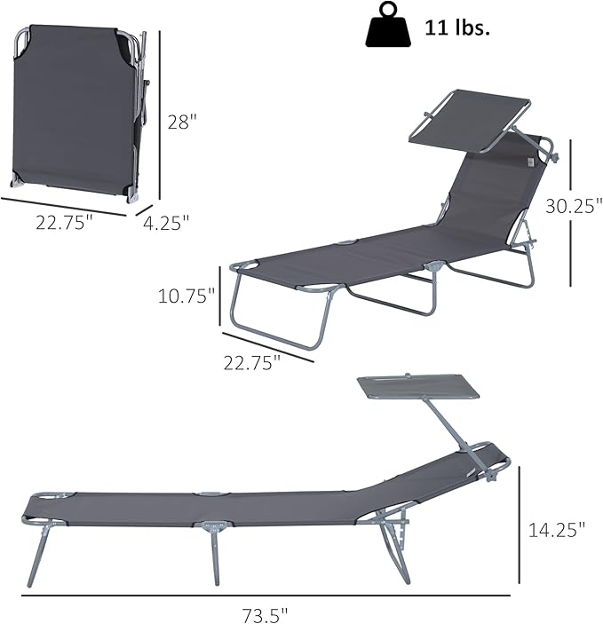 Outsunny Outdoor Lounge Chair, Adjustable Folding Chaise Lounge, Tanning Chair with Sun Shade for Beach, Camping, Hiking, Backyard, Gray