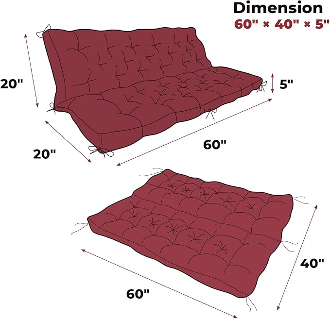 Porch Swing Cushions, Patio Swing Cushions Waterproof for Outdoor Furniture Thickened Outdoor Swing Bench Cushions 2-3 Seater Replacement with Ties for Patio Swing (Red, 60x40 in)