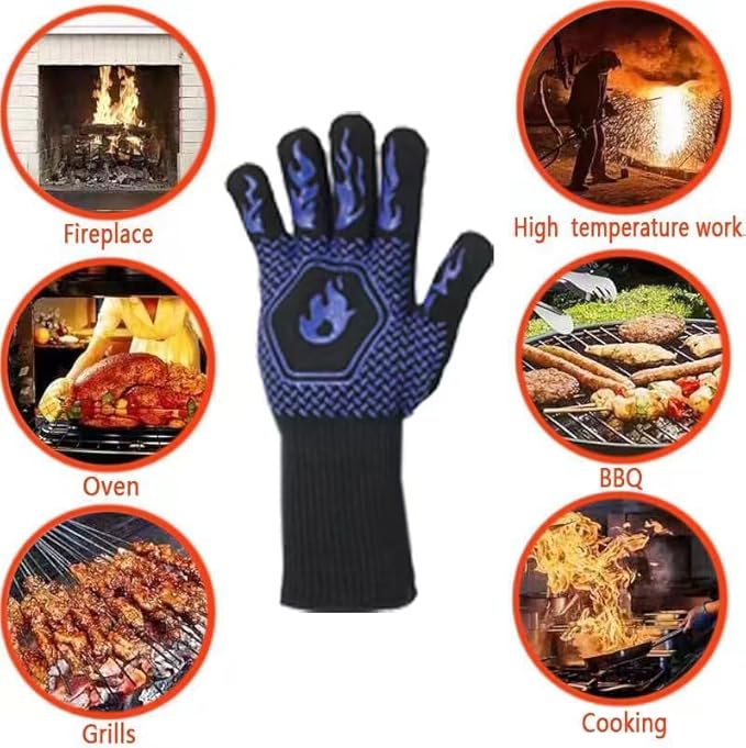 BBQ Grill Gloves Heat Resistant 1472℉ High Temp Resistance Fireproof Glove for Grilling Smoking Barbecue Washable Long Oven Extreme Hot Proof Mittens for Kitchen Baking (Blue)