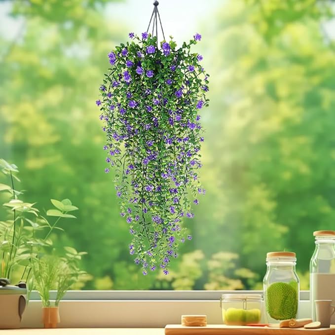 WEISPARK Artificial Hanging Flowers, 9pcs Fake Eucalyptus Vine Faux Flower Greenery Garland Plastic Plants for Indoor Outdoor Wall Garden Wedding Home Party Decor (9pcs Purple)