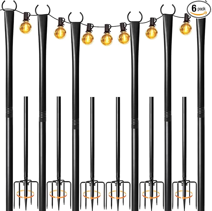 6 Pack String Light Poles for Outside, Heavy-Duty Metal Poles for Outdoor String Lights with Fork, Adjustable Lighting Hanging Accessories for Patio Decor Pergola Backyard Garden Outside Decorations