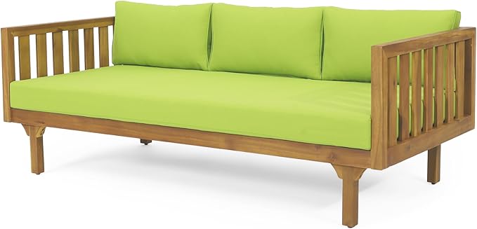 LUMISOL Outdoor Acacia Wood Daybed, Patio 3-Seater Sofa with Water-Resistant Cushions, Patio Conversation Set Outdoor Daybed with Wooden Armrests for Backyard, Deck, Poolside, Teak Green