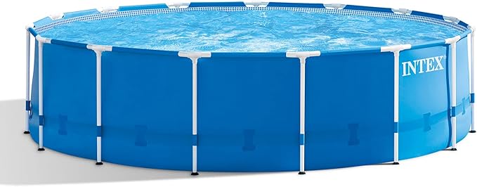 Intex Metal Frame 15' x 48" Round Above Ground Swimming Pool Set with Filter Pump, Ladder, and Cover with Maintenance Accessory Vacuum and Skimmer Kit