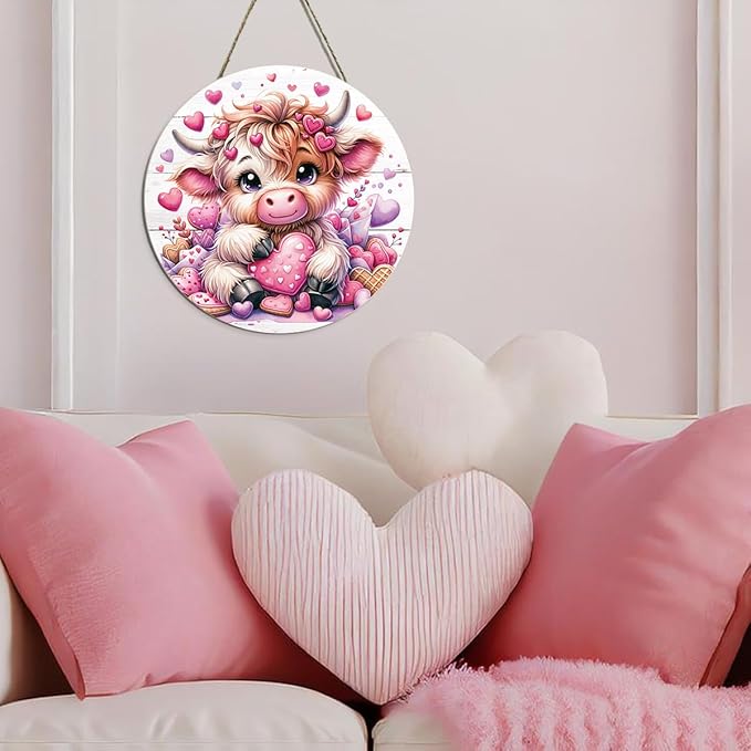 Valentines Day Wall Decor, Valentines Day Door Decorations, Gift for Boyfriend Girlfriend Husband Wife, Pink Heart Highland Cow Wood Hanging Sign Anniversary Porch Home Office Door Decor
