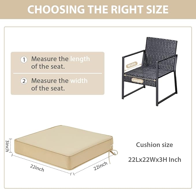 Outdoor Chair Cushions Set of 2, Waterproof Patio Chair Cushions, Patio Furniture Cushions with Ties, Outdoor Wicker Replacement Seat Cushion, 22 x 22 x 3 inch, Beige
