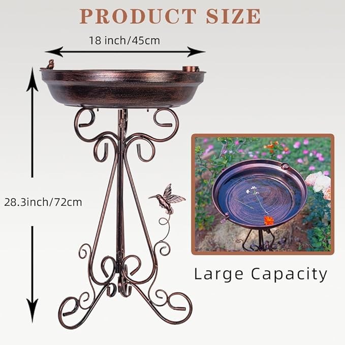 dreamysoul Large Bird Bath with Metal Pedestal, 18" Dia Antique Copper Outdoor Birdbath with Bird Feeder for Garden Outside Patio Yard Decor