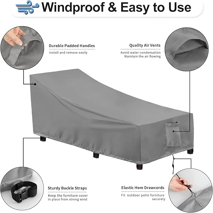 OutdoorLines Outdoor Waterproof Patio Chaise Lounge Chair Cover - UV Resistant Lounger Covers Heavy Duty Weatherproof Patio Sofa Furniture Covers, 1 Pack, 84Wx32Dx32H Inches, Gray