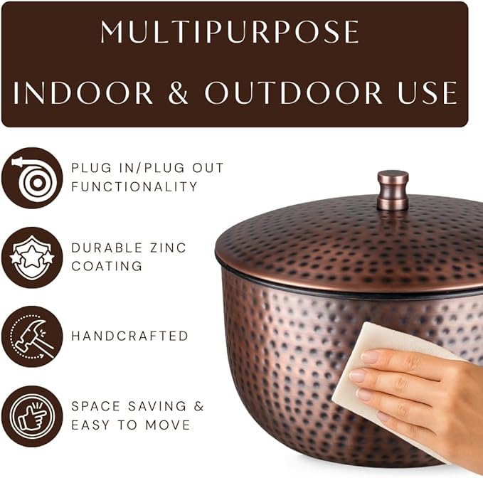 Monarch Abode Garden Hose Holder with Lid – Decorative Water Hose Holders for Outside, Hand Hammered Metal Antique Copper Pot with Drainage, 100ft Waterhose Holder for Outside, Garden Storage Caddy