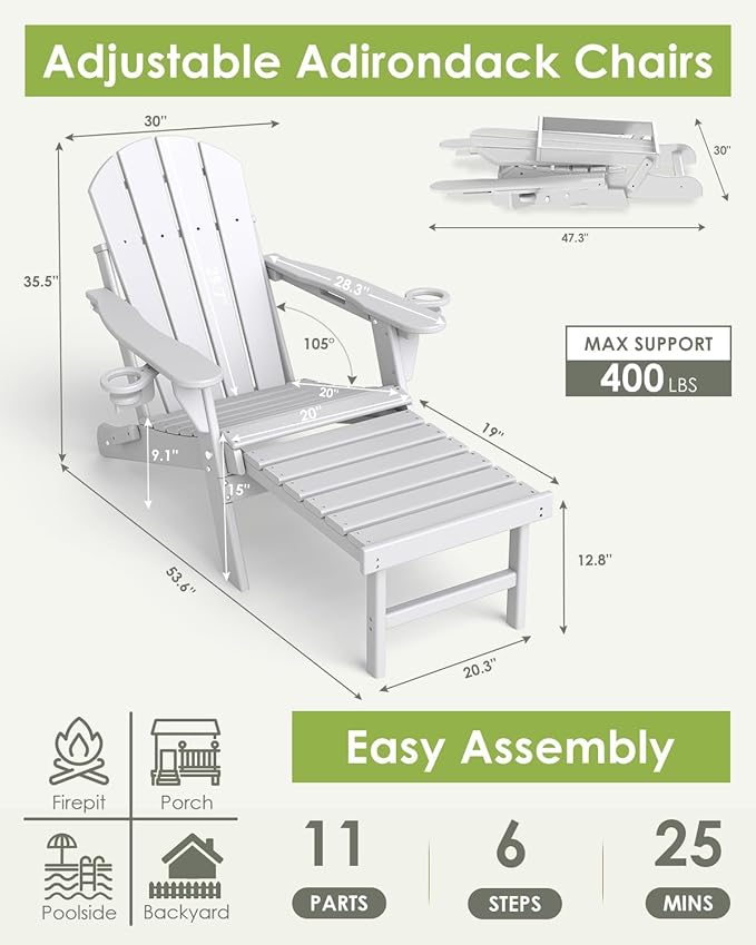 GREENVINES Adjustable Adirondack Chair with Retractable Ottoman Set of 2 | Folding | HDPE Plastic | Fire Pit Chairs w/Foot Rest | 2 Cup Holders | White | for Outdoor Patio Poolside Deck