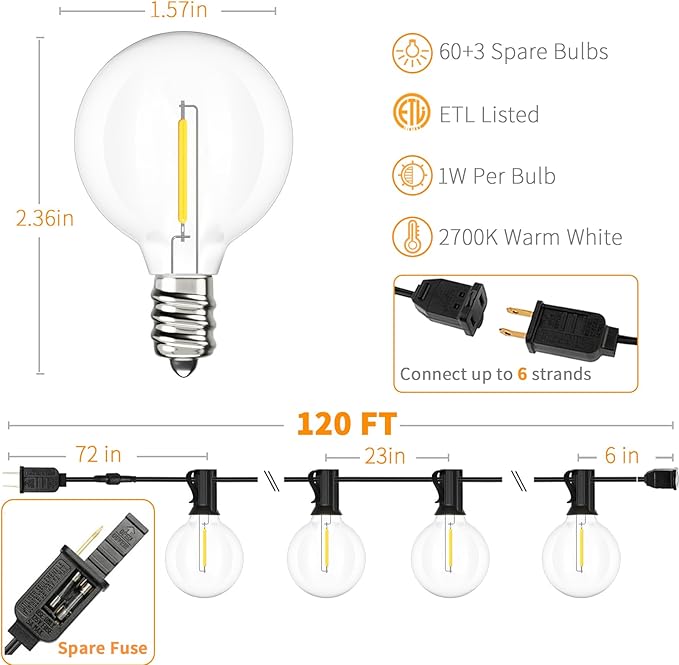 Svater Outdoor String Lights 120 FT, Patio Light with 63 Shatterproof LED Bulbs, Outside Plastic Hanging G40 Globe Lights for Cafe Market Bistro Backyard, Dimmable Warm White 2700K