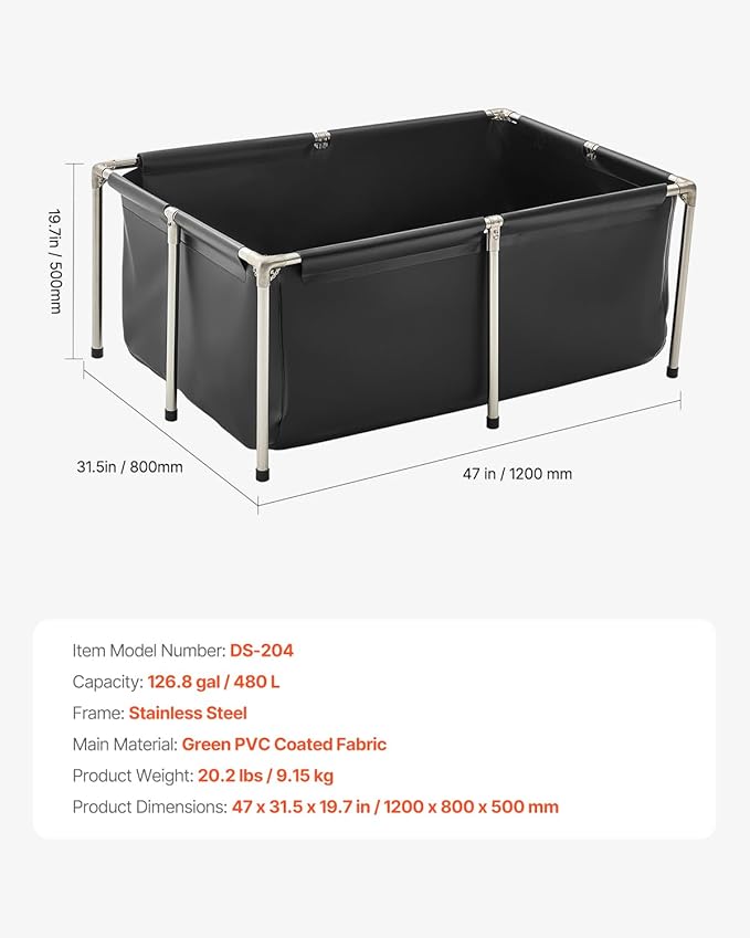 VEVOR Canvas Fish Pond, 126.8 Gal Above Ground Fish Pond, Foldable PVC Koi Tank, Rectangular Goldfish Tank with Stable Frame and Drain Valve, for Aquaculture, Koi Breeding, and Irrigation (Black)