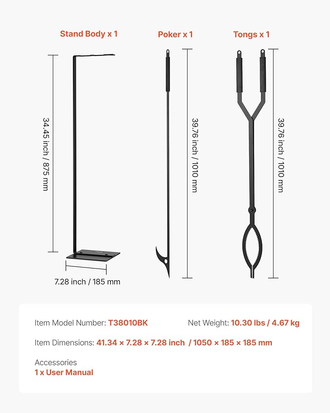 VEVOR Fireplace Tool Set, 3 PCS Fire Tool Set and Holder with Stand, Tongs, Fire Place Poker, Wrought Iron Fireplace Accessories for Campfire Backyard Bonfire Indoor/Outdoor, Black