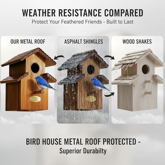 Water Proof Bluebird House for Outside, 2 Layers Metal Roof Water Proof, Outdoor Lifetime Durability Solid Cedar Wood Bird House for Pole, Secure Latch, Updated 1.5" Hole Size (Comfy Mansion)
