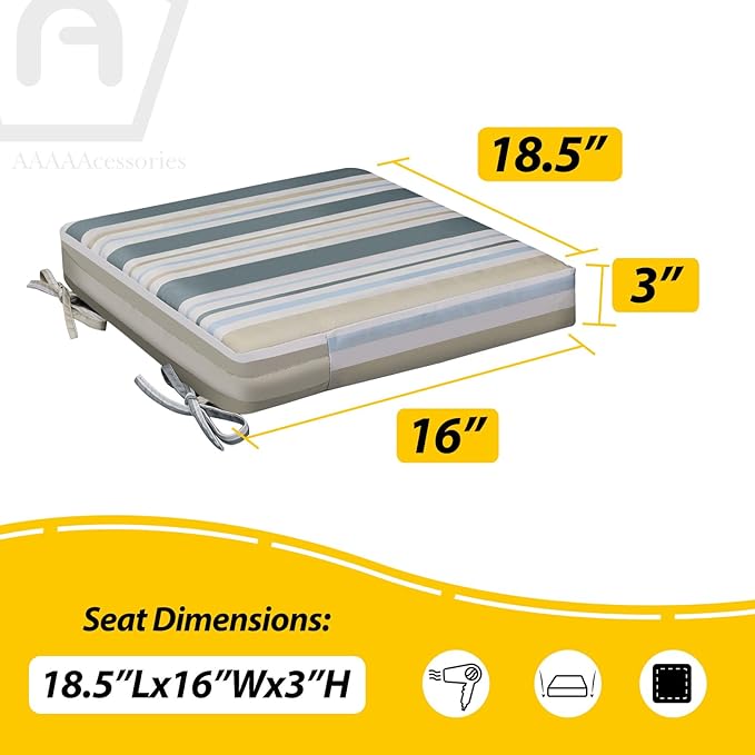 AAAAAcessories Outdoor Seat Cushions for Chairs, Waterproof, Fade-Resistant, 18.5" x 16" x 3", Patio Furniture Replacement Cushions, Set of 2, Slate Gray Blue Coastal Stripe