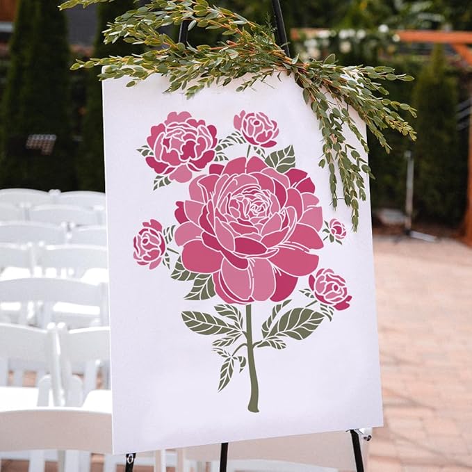 MAYJOYDIY 2pcs Peony Stencil 11.8×11.8inch Large Peony Flower Stencils for Painting Splicing Style with Paint Brush Spring Floral Peony Drawing Template for Wood Walls Canvas Furniture Art Crafts