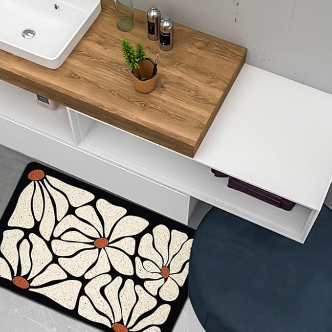 Boho Beige and Black Floral Door Mat - Bohemian Neutral Floral Front Door Welcome Mats Outdoor Entrance, 17x30 Rug