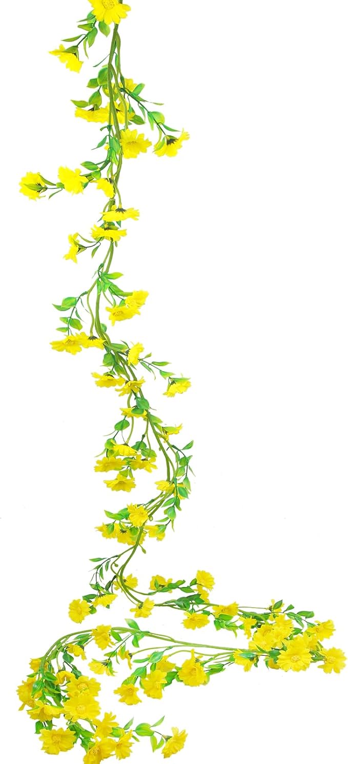 CISDUEO Artificial Daisy Flowers Vine Silk Wildflower Garland Spring Fake Flower Vine Hanging Ivy Yellow Daisy Flowers Green Leaves for Wall Party Wedding Arch Floral Decor Indoor Outdoor Ceremony