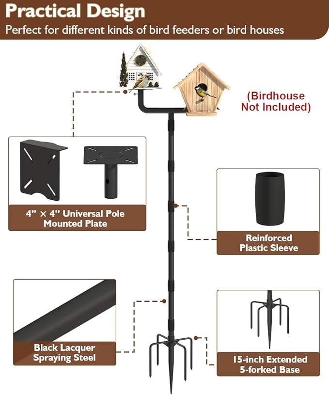 Garbuildman Upgraded Smart Bird Feeder Pole for 2 Birdhouses with Reinforced 5-Prong Base, Adjustable Birdhouse Pole for Outdoors, 2-in-1 Bird Feeder Stand Mounting Kit for Wild Birds Watching, Black