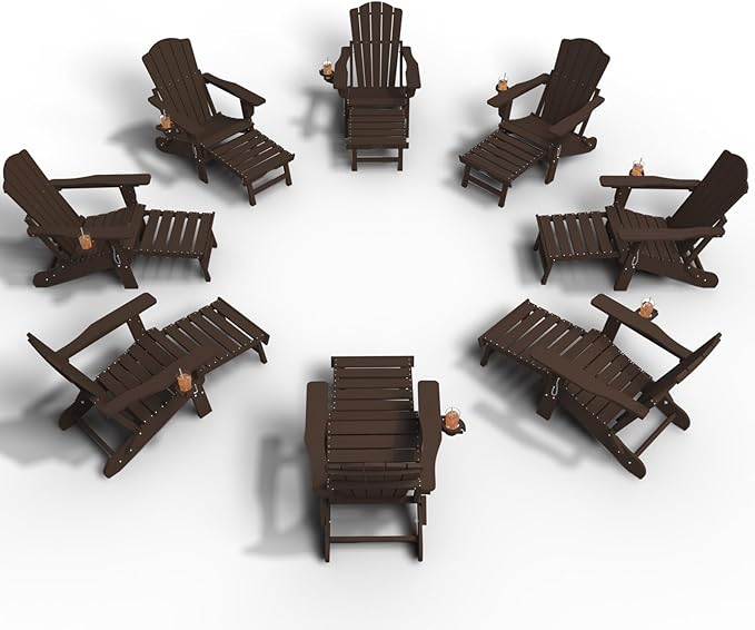 Folding Adjustable Adirondack Chairs with Ottoman & 1 Cup Holders Set of 8, HDEP Multifunctional Adirondack Chair with Footrest,Brown