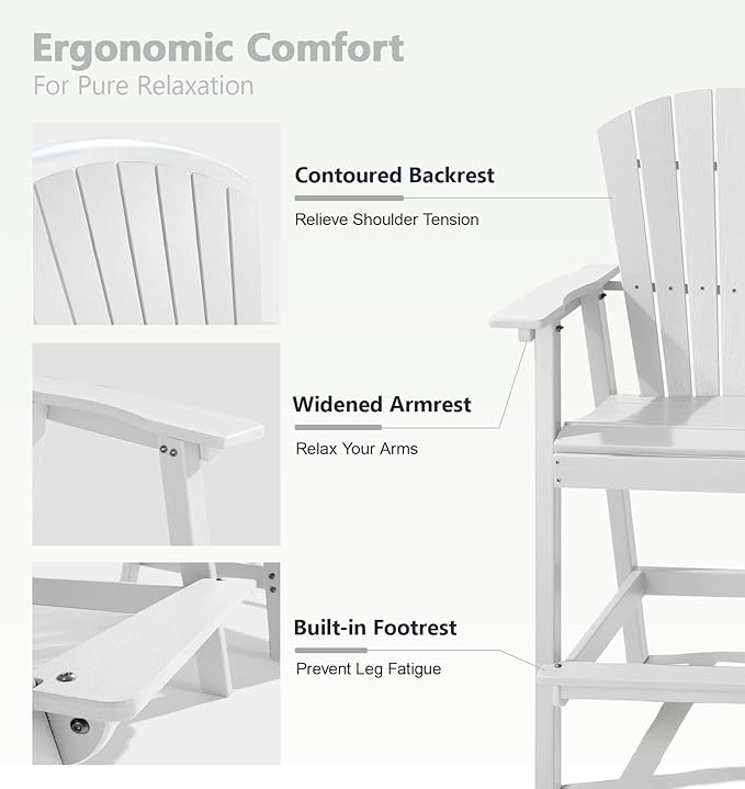 PASAMIC Tall Adirondack Chairs Set of 4, All-Weather HDPE Patio Chairs with Double Connecting Trays, Bar Height Heavy-Duty Outdoor Chairs for Garden, Backyard, Balcony, White