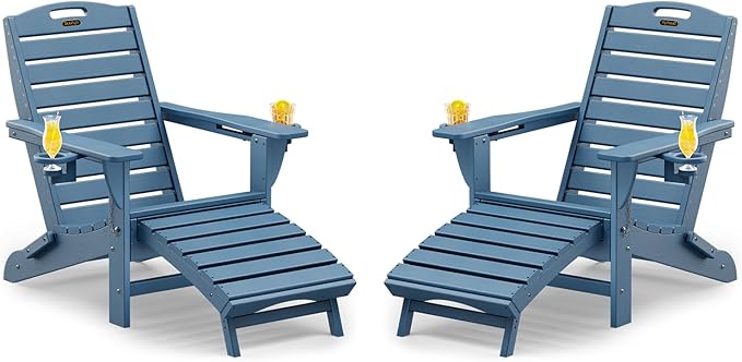 Folding Adirondack Chairs Set of 2,Adirondack Chair with Retractable Ottoman,Plastic Adirondack Chairs with 2 Cup Holder,Weather Resistant Patio Chair,Outdoor Chairs Set of 2(Navy Blue)