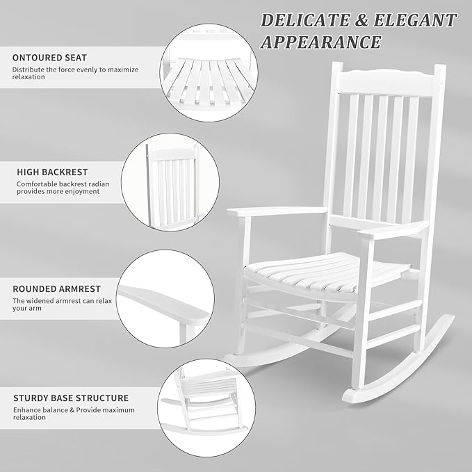 Outvita Outdoor Rocking Chair, Solid Wood High Back Rocker, All Weather Lounge Chair for Porch Patio Fire Pit Garden Backyard Deck Indoor, Wave Shape, White