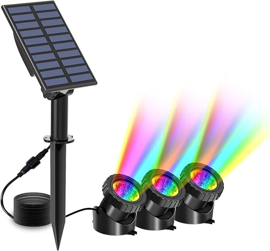 T-SUN Solar Pond Lights, 3 in 1 RGB Color Changing Underwater Pond Lights, Outdoor Waterproof LED Landscape Spotlights for Fish Tank Garden Yard Pool Pond Fountain Waterfall Decoration(3 Head Lamp)
