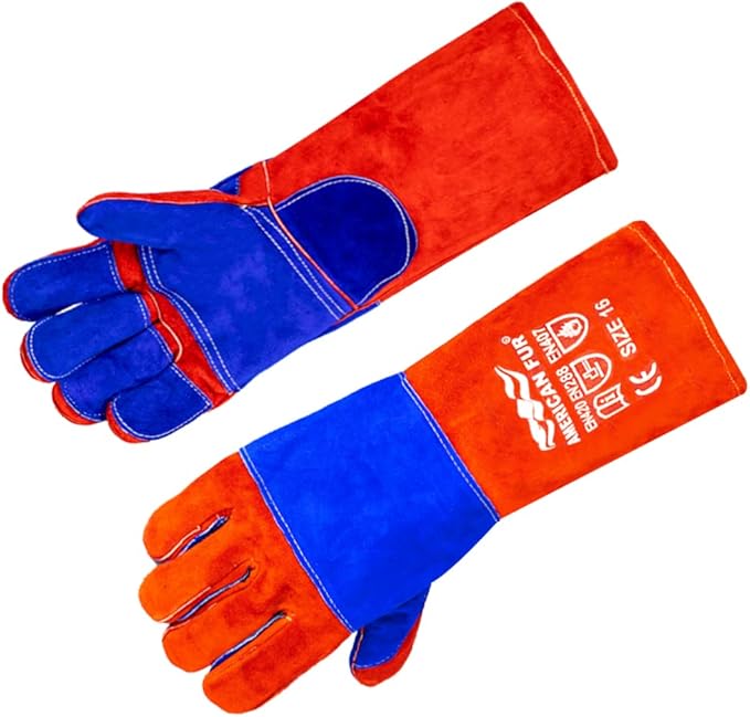 Welding/BBQ Leather Gloves, 16 Inches, Red-Blue, Heat/Fire Resistant, Mitts for Oven/Grill/Fireplace/Furnace/Stove/BBQ/16 inches Extra Long Sleeve
