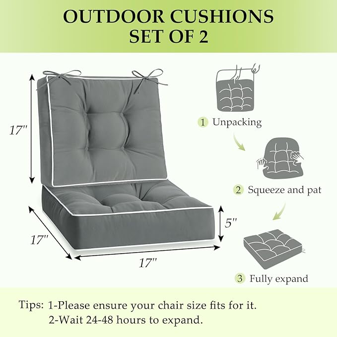 HARBOREST Outdoor Chair Cushions Set of 2, Tufted Patio Chair Cushions with Ties, Square Corner Outdoor Cushions for Patio Furniture, Lawn Chairs, Wicker Chairs, 17" x 17" x 5", Grey