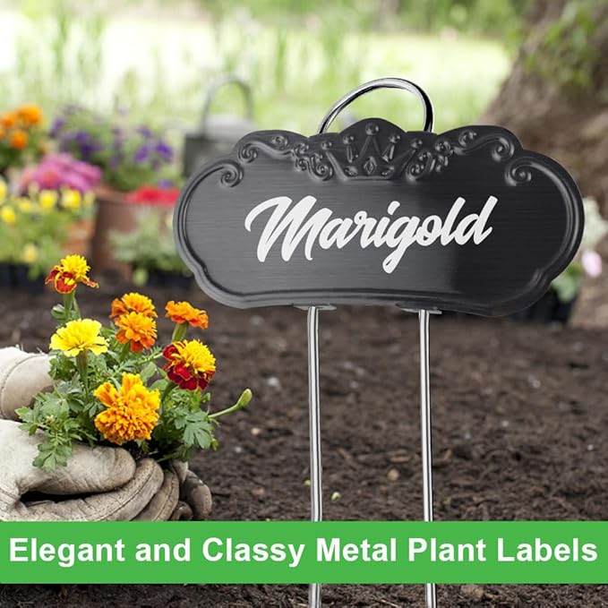 50 Packs Metal Plant Labels, Tall Outdoor Garden Markers for Flowers, Fruits and Vegetables, Weatherproof (Each 25 Pack, 4" x 1.9", Silver and Black)