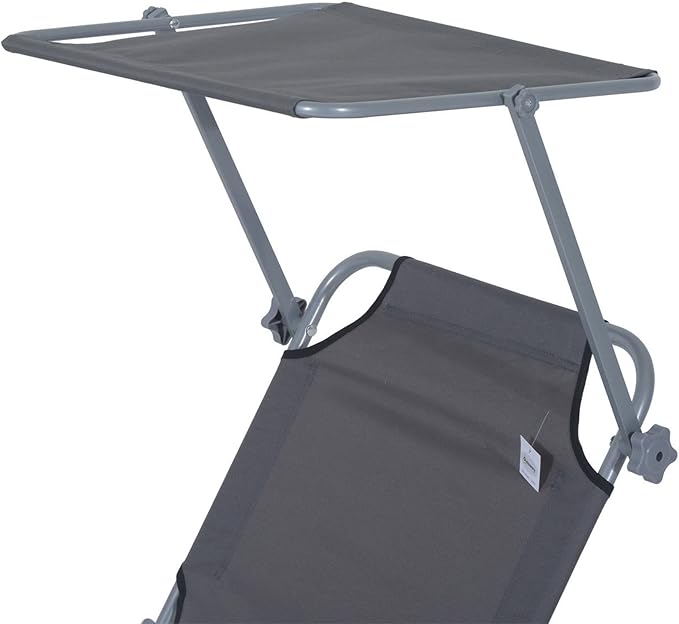 Outsunny Outdoor Lounge Chair, Adjustable Folding Chaise Lounge, Tanning Chair with Sun Shade for Beach, Camping, Hiking, Backyard, Gray
