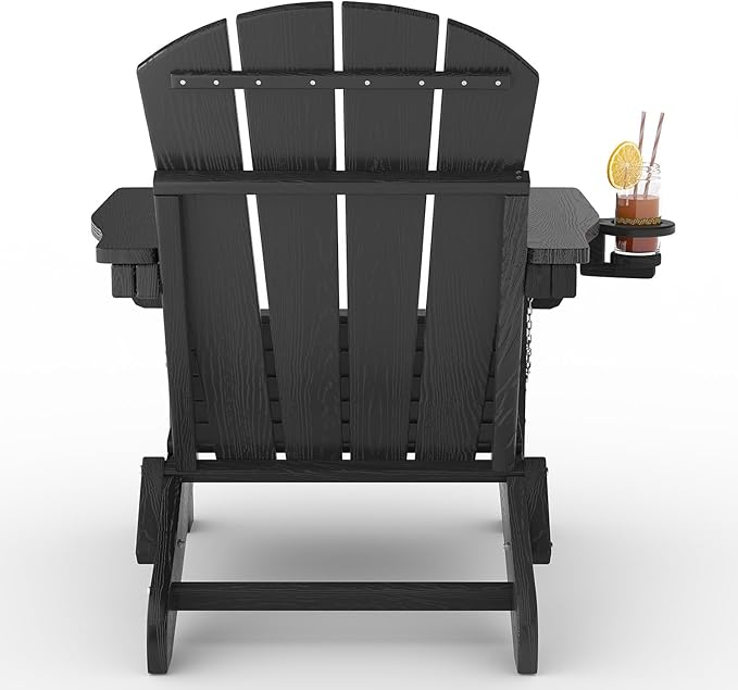 Folding Adirondack Chair, All-Weather HDPE Outdoor Chair, Wooden Textured with Cup Holder for patios, Decks, Gardens, fire pits, Black