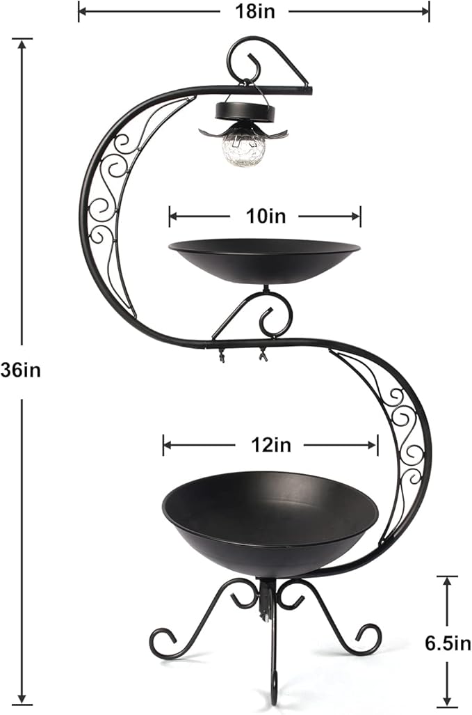 HONGLAND Bird Baths for Outside with Solar Lights, 36" Black Metal Birdbaths for Outdoors, Antique Bird Feeders with Flower Planter Pedestal for Garden, Yard, Patio Decor