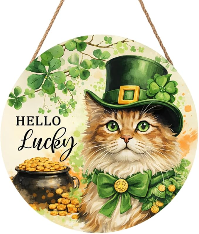 St. Patrick's Day Decoration Sign Funny Cute Cat Wall Pediment Holiday Shamrock Front Door Wooden Plaque Hello Lucky St Patricks Day Door Sign for Yard Porch Spring Summer Decoration