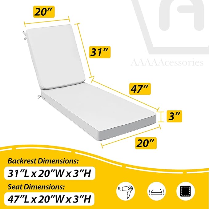 AAAAAcessories Outdoor Chaise Lounge Cushions, Fade-Resistant, Waterproof Patio Furniture Replacement Cushions, 78" x 20" x 3", Creamy White