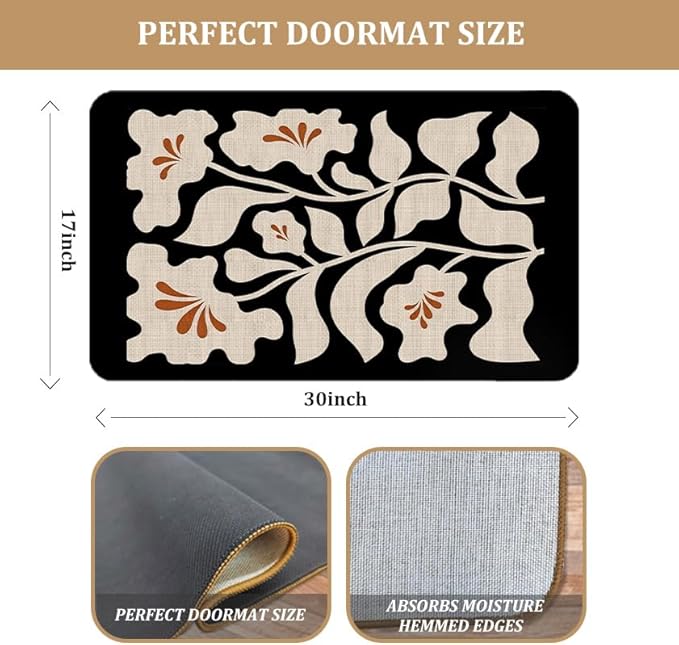 Boho Beige and Black Floral Door Mat - Bohemian Neutral Floral Front Door Welcome Mats Outdoor Entrance, 17x30 Rug