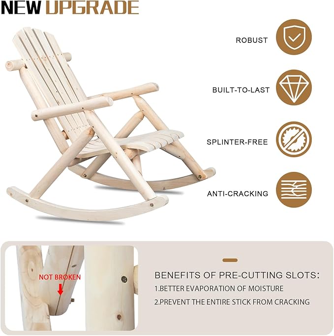 Outvita Wooden Rocking Chair Set of 2, Fir Log Adirondack Rocker, Outdoor Wood Accent Furniture Lounge Chairs for Garden Patio Backyard Porch (Natural Finish)