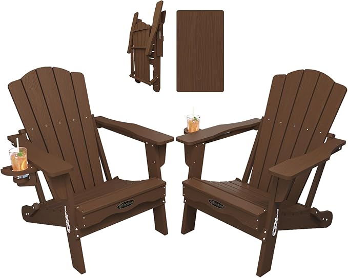Folding Adirondack Chair Set of 2,HDPE All-Weather Outdoor Chair with Cup Holder,Wooden Textured,Fire Pit Chair,Plastic Patio Chair for Deck,Backyard,Garden,Lawn(Brown)