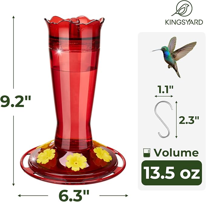 Kingsyard 2 Pack Glass Hummingbird Feeder for Outdoors Hanging - 6 Bee Guard Feeding Ports & Built-in Ant Moat, Wild Bird Feeder for Outside Garden Yard Patio 14 Oz, Red